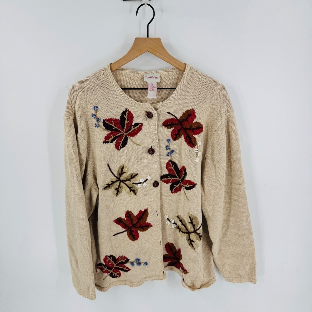 Vintage Crystal Kobe XL Beige Embroidered‎ Maple Leaf Cardigan Sweater Granny
